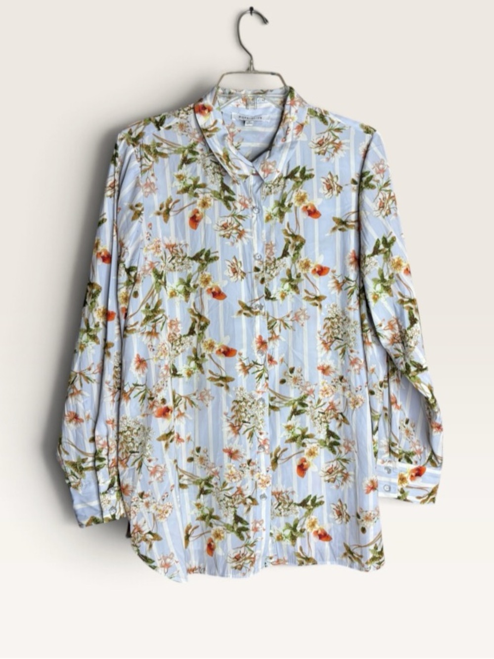 Rose + Olive 1X Blue White Floral Stripe Button Down Blouse Plus Size